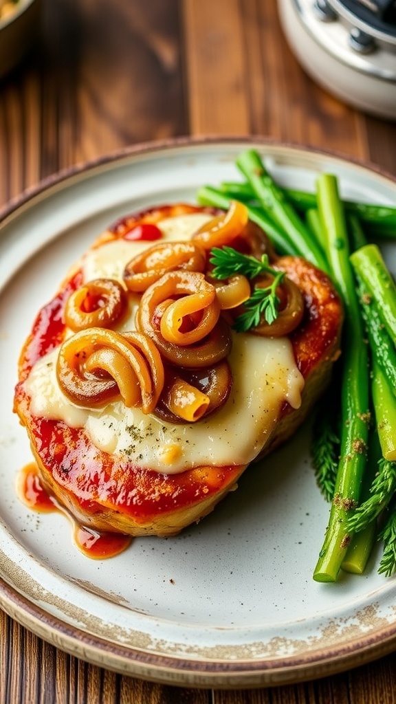 Air Fryer French Onion Pork Chops Recipe Air fryer French onion pork chop topped with caramelized onions and cheese on a rustic plate with vegetables.